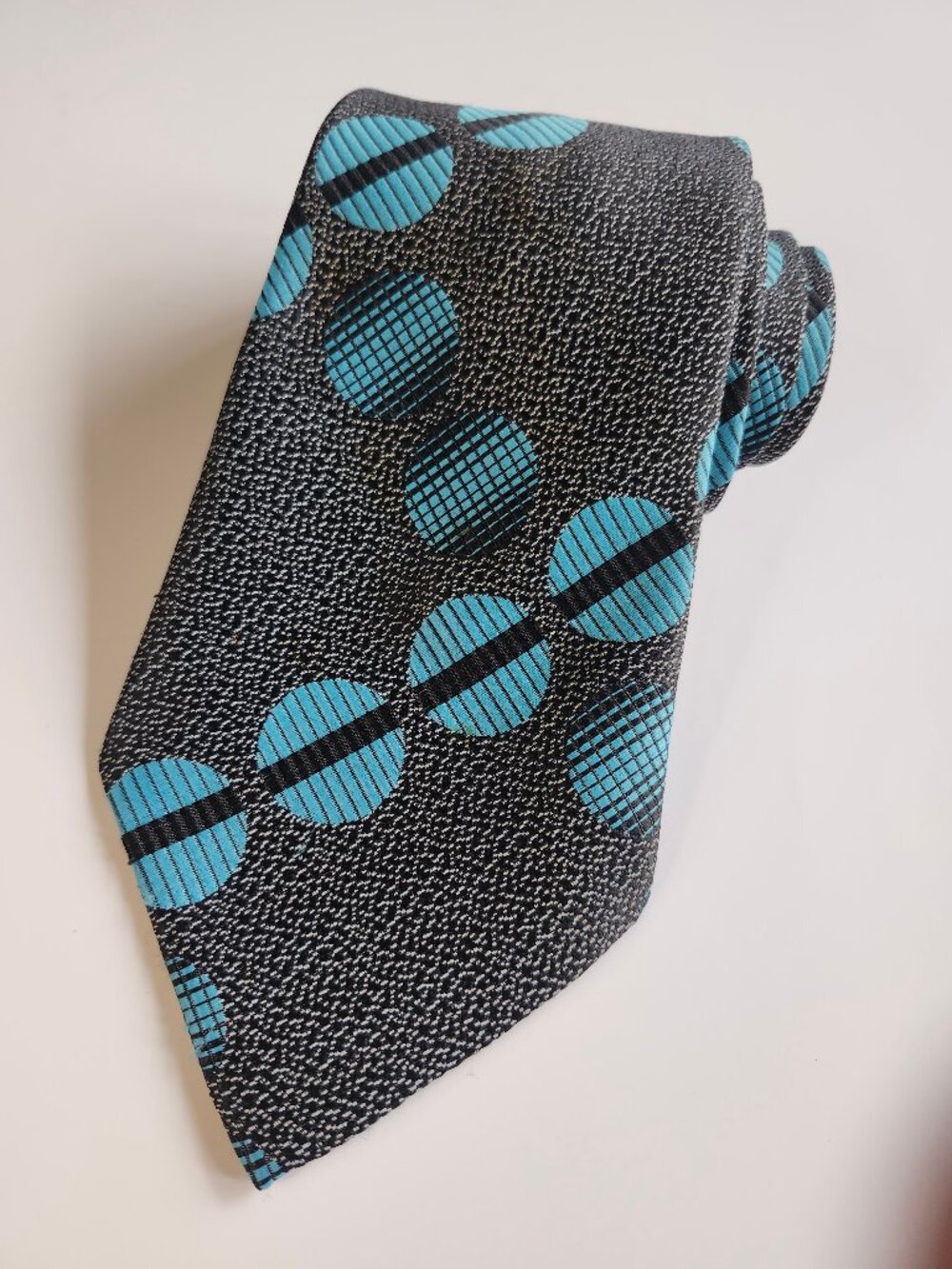 Vintage Wide 70s Juwel Textil DDR Germany Blue Turquoise Cyan Sphere Speckle Tie